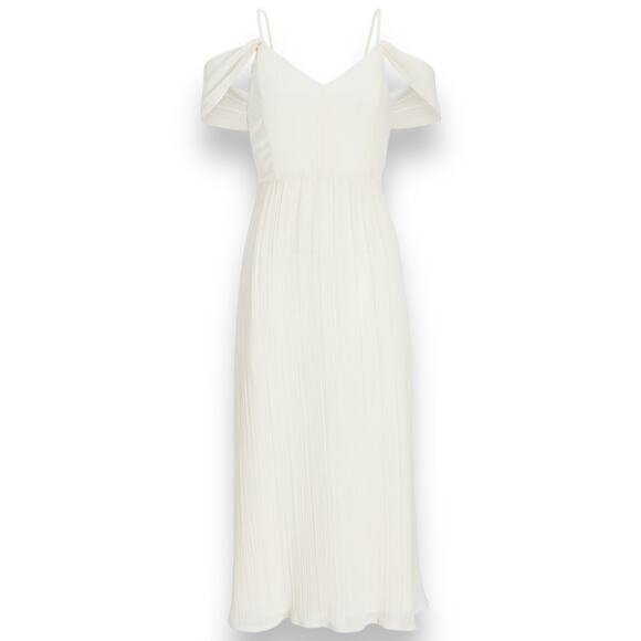 Express Ivory Pleated Chiffon Midi Dress Strappy Peasant Cottagecore Coquette - Picture 2 of 10